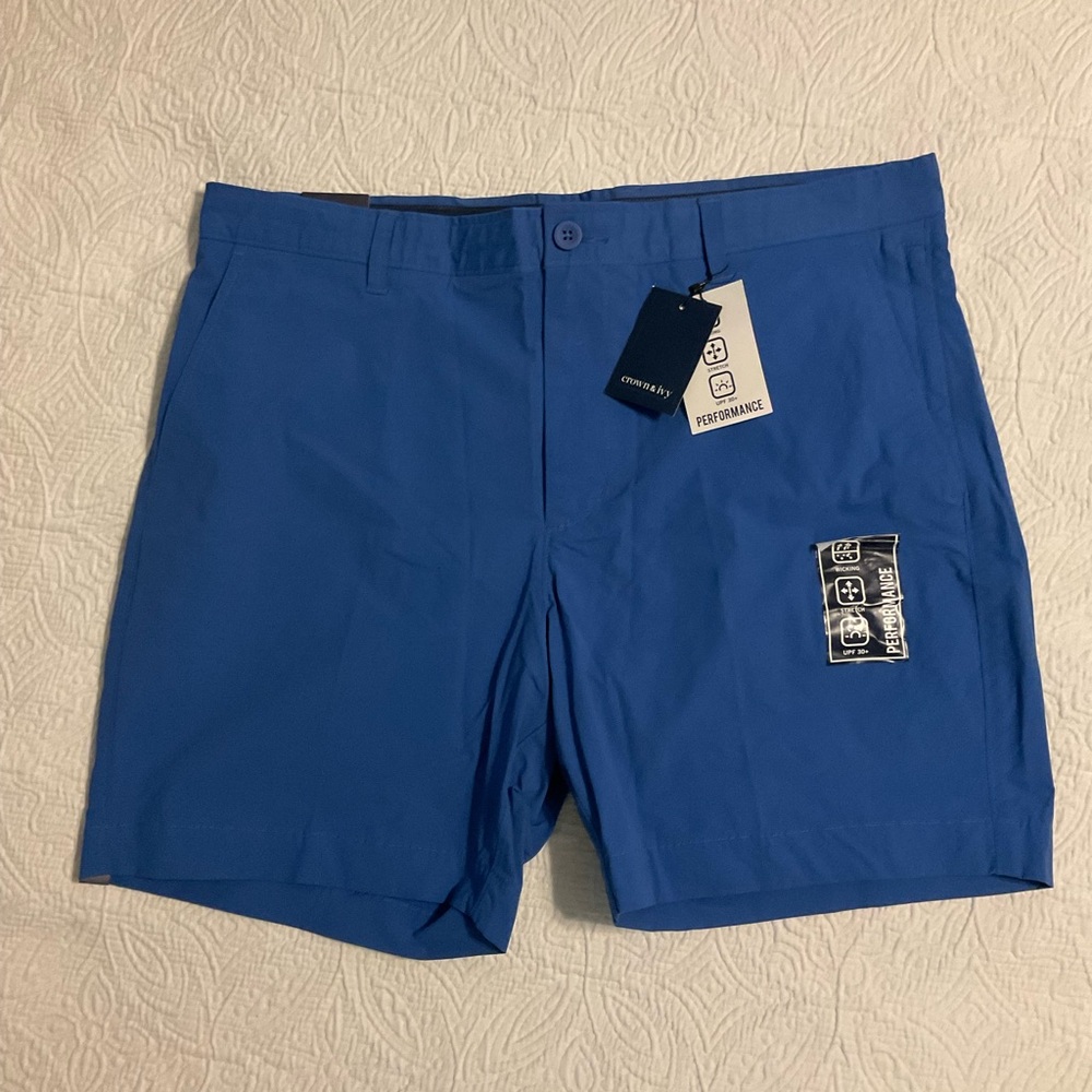 NWT Crown & Ivy Mens 38 Blue 7” Performance Shorts Stretch UPF Belk